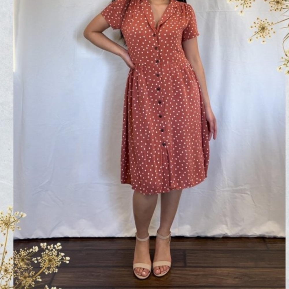 Indigo Rose Knee Length Button Up Polka Dot Dress